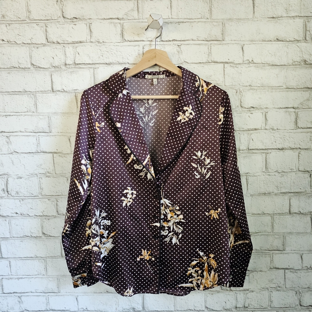☆ GIMMICKS Brown Polka Dot Floral Button-Up Satin Shirt, S ☆